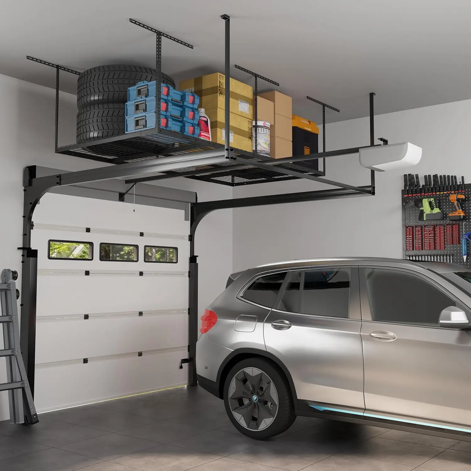 4x8 Overhead Garage Storage Rack, Adjustable Garage Storage Organization Systerm, Heavy Duty Metal Garage Ceiling St