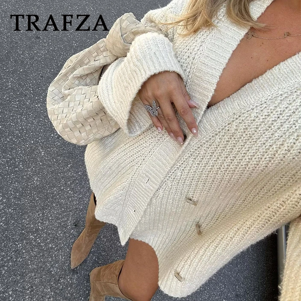 TRAFZA 2023 autunno Casual donna maglioni solidi vestibilità ampia cardigan con scollo a v maglione a maniche lunghe inverno donna eleganti