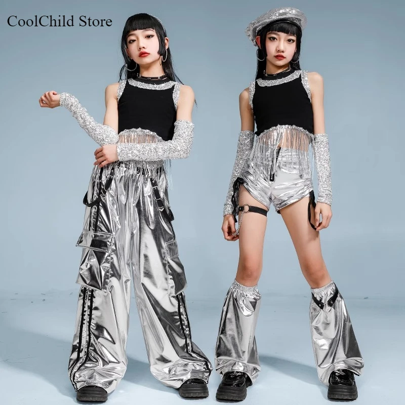 Girls Hip Hop Sequin Silver Crop Top Cargo Pants Street Dance Shorts Kid K-pop Jazz Clothes Set Child Elegant Streetwear Costume