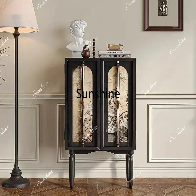 New Chinese retro dining side French light luxury multi-functional hand-painted bucket cabinet solid wood wine cabinet locker  F