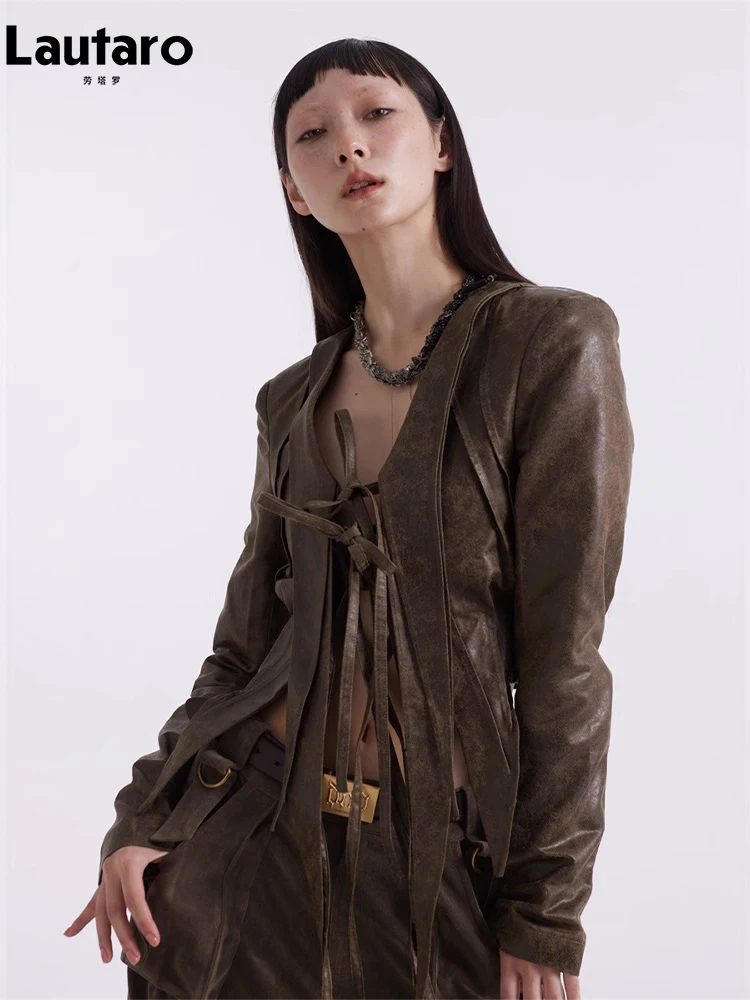 Lautaro Spring Autumn Cool Distressed Brown Faux Leather Jacket Women V Neck Long Sleeve Luxury Designer Clothing Runway Fashion