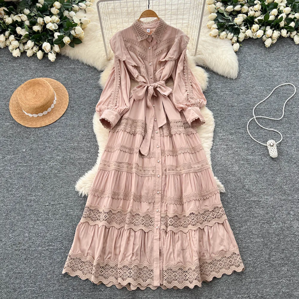 Chic vintage Single Breasted lace long sleeve pleated Elegant Fairy korean fashion Boho women clothing Long dress