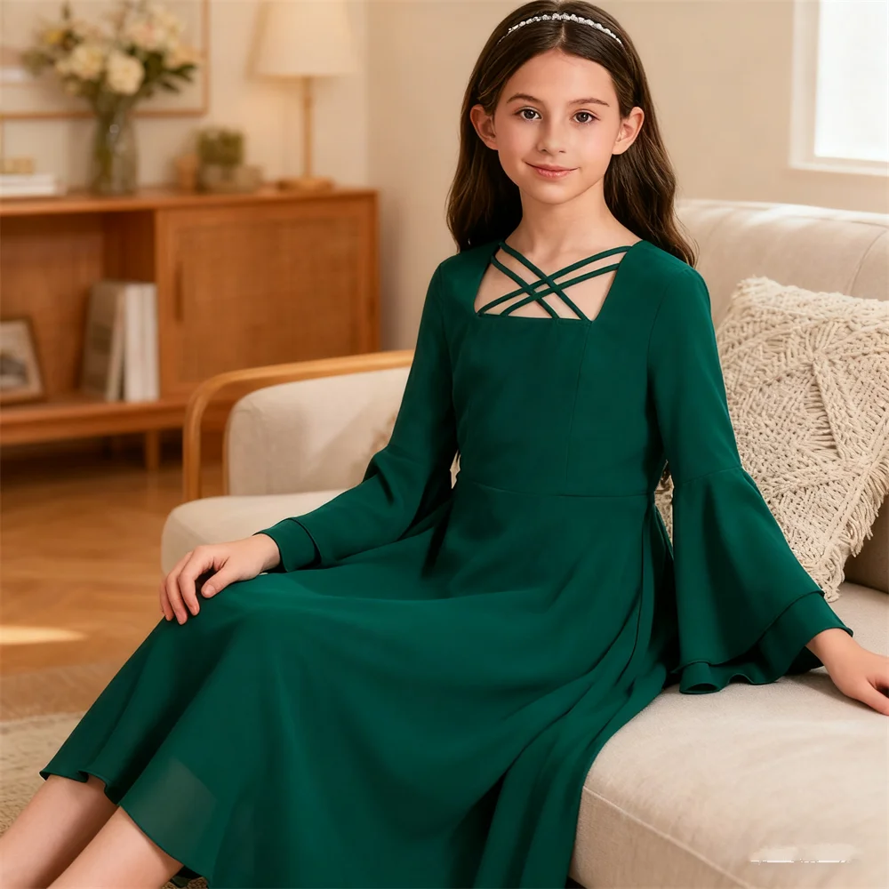 

Muslim Kids Girls Chiffon Long Dress Flare Sleeve Party Dubai Abaya Turkey Kaftan Islam Jalabiya Caftan Morocco Robe Arabic Gown