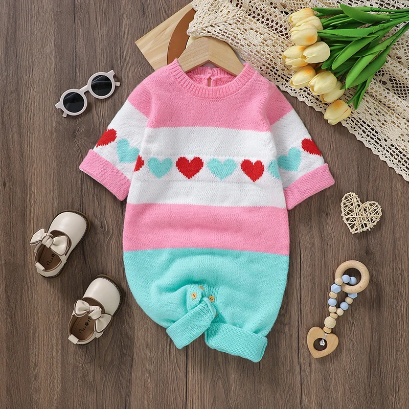 

Newborn Baby Rompers Knit Infant Girl Jumpsuit Long Sleeve Autumn Toddler Kid Clothes Fashion Striped Loving 0-18M Overalls Warm