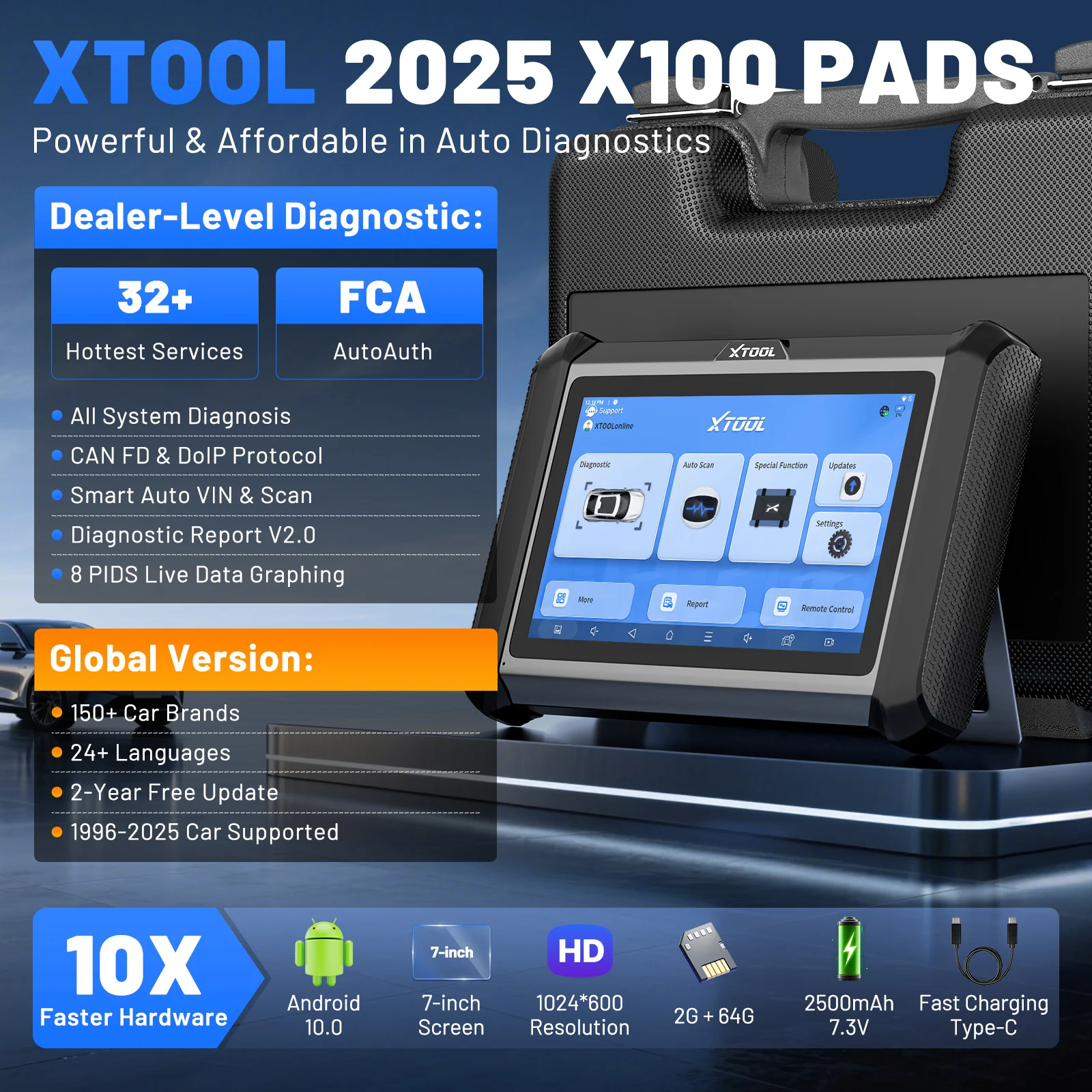 Picture 3: XTOOL X100PADS Key Programming Tools For All Key Lost/ Add Keys/ Key Generation Auto Programmer Key Matching Full System Car Diagnostic Tool OBD2 Scanner 32+ Reset FCA Automotive DoIP CANFD 2 Years Free Update