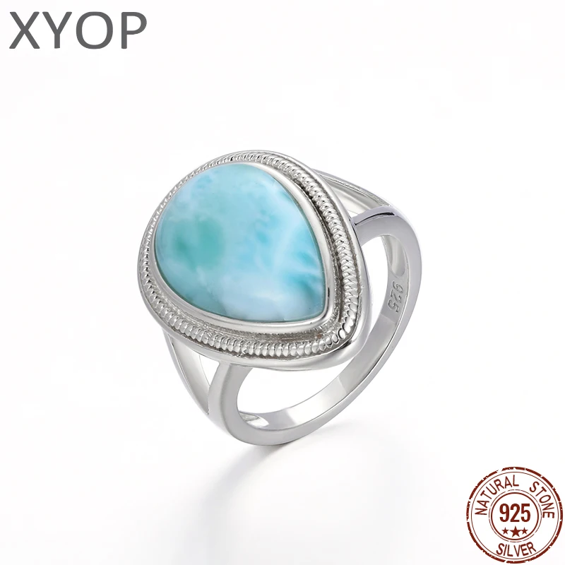 925 Sterling Silver Natural Gemstones Larimar Big Ring Retro Design Classic Simple Female Jewelry for Women Dating