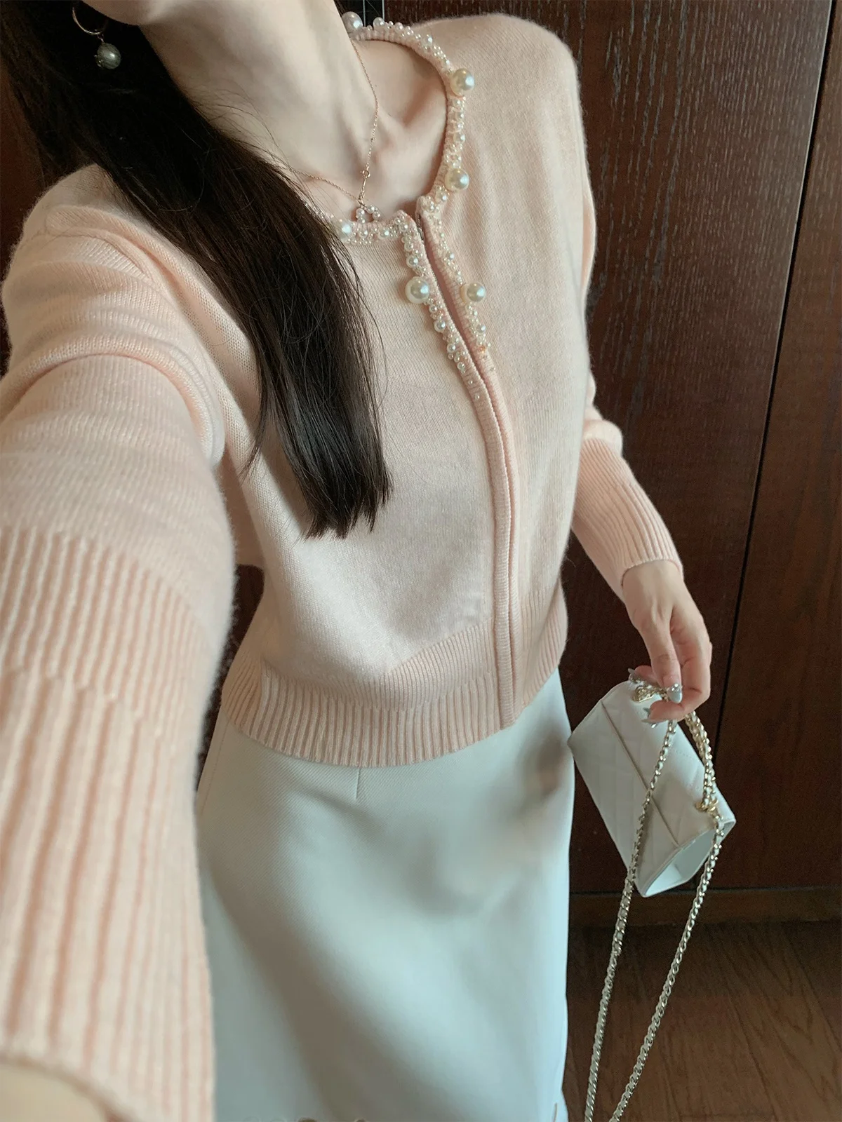 

DAJOS Red Label Pearl Knit Cardigan Embellied with Beads Casual Loose Fit Women's Camere Linen Blend Long Sve Knitwear