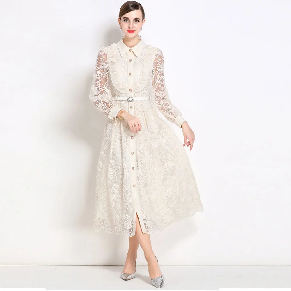 

Роскошные кружевные длинные платья макси, рубашка для женщин, весенний праздник 2025 года, цветочная вышивка, пуговицы из бисера, пояс, ажурное свадебное платье