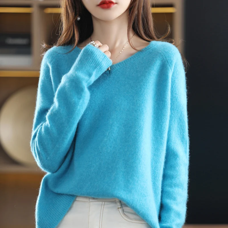 100% Wool Sweater Women Pullover New Arrival V-Neck Long Sleeve Female Warm Soft Basic Jumper Solid Loose Large Size Knitt