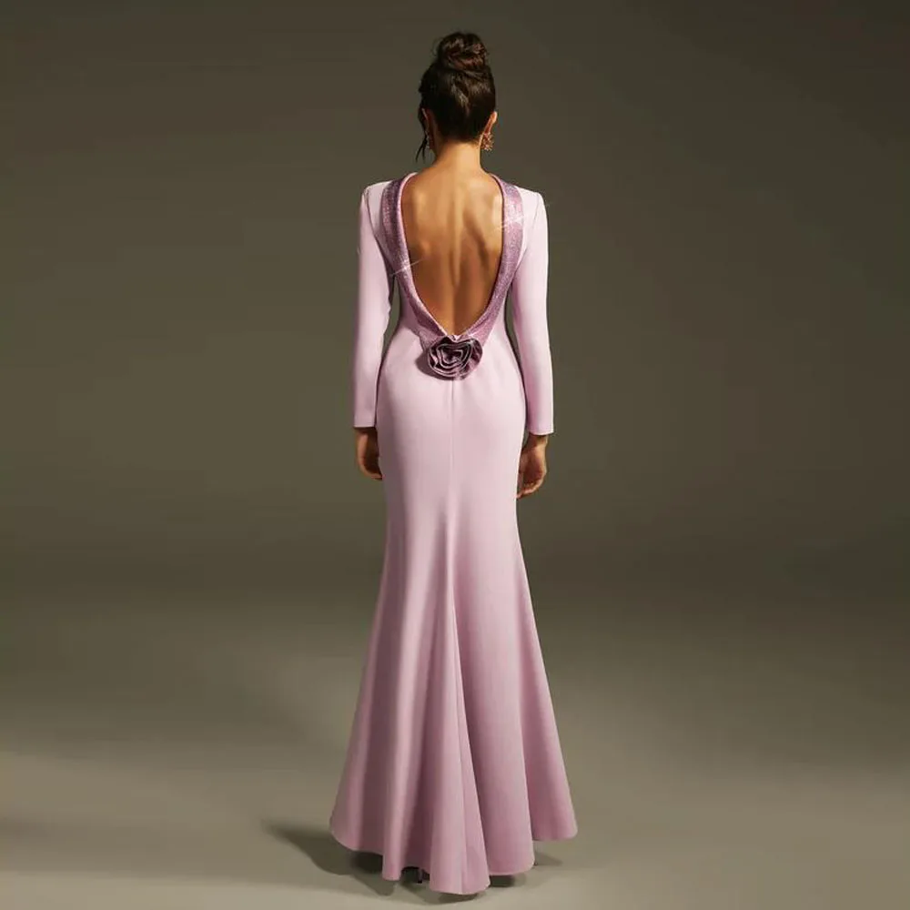 맞춤 제작된 등이 없는 라인스톤 꽃 장식 맥시 드레스, 스팽글 칼라 머메이드 이브닝 파티 가운, 새틴 트럼펫 프롬 드레스