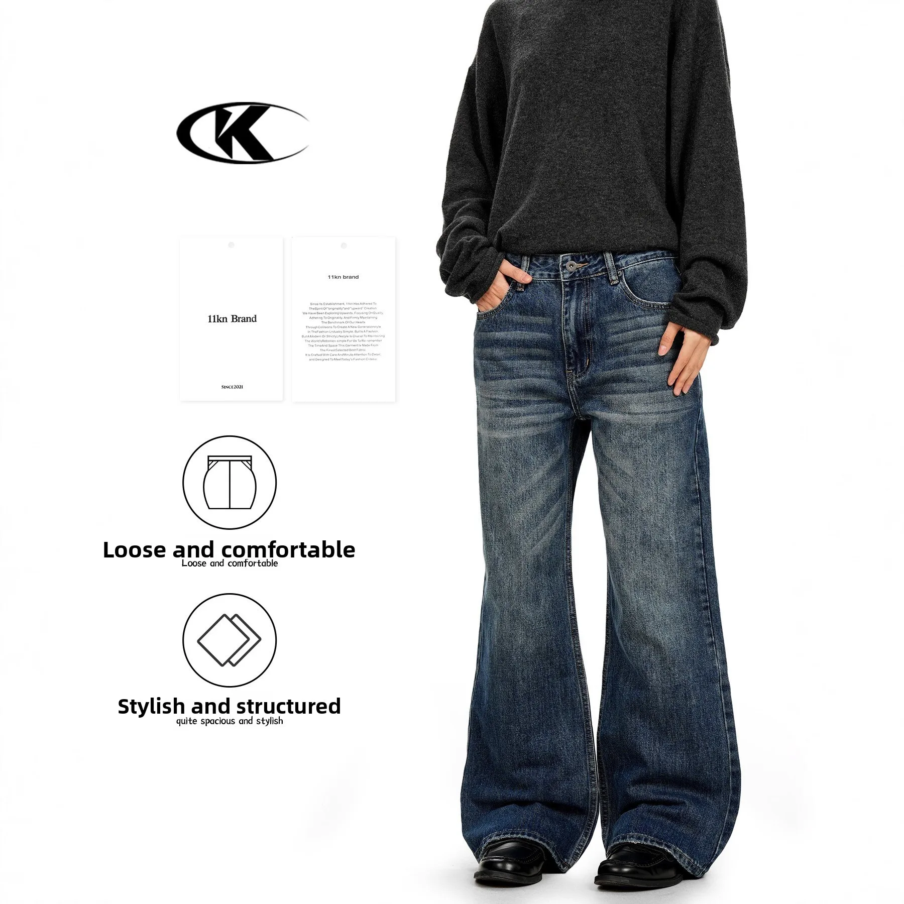 

Retro American Waed Design Loose Straight Leg Jeans Men Women Vintage Feel Cotton Straight Tube Wide Leg Pants