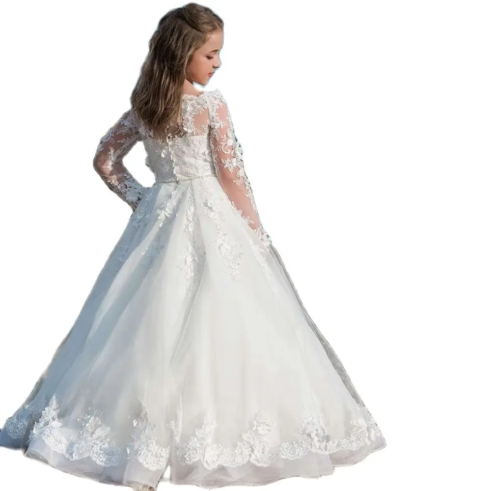 

New Arrivals Flower Girls Long Sleeves Ball Gowns with Pearls Sash Holy First Communion Princess Dresses