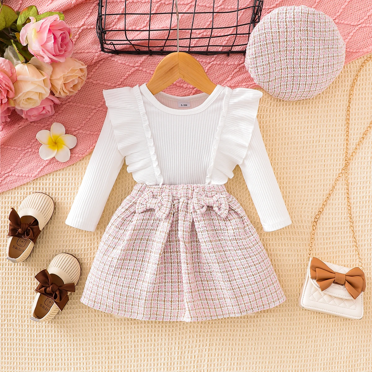 3 piece baby girl Fall fashion lace long sleeve bow dress + hat 3 piece set