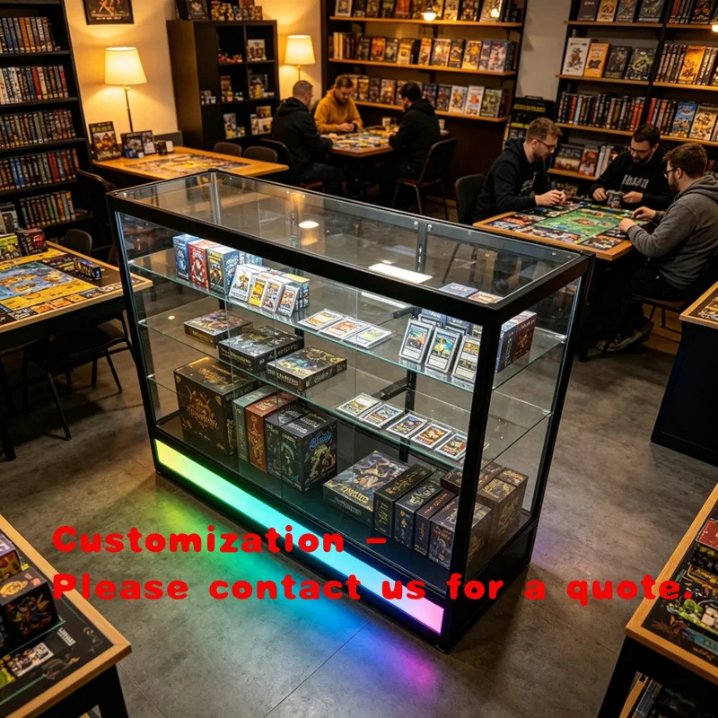 custom.Black Aluminum Frame RGB LED Glass Display Cabinet Toy Figure, Jewelry, Sunglass. Multifunctional Trading Card Displa