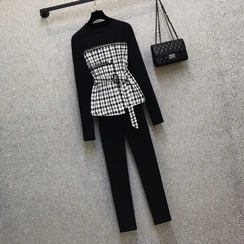 Plaid Patchwork Belt Decoration Long-sleeved T-shirt Casual Pencil Pants Two-piece Elegant Women's Pants Suit Street Outfits Age