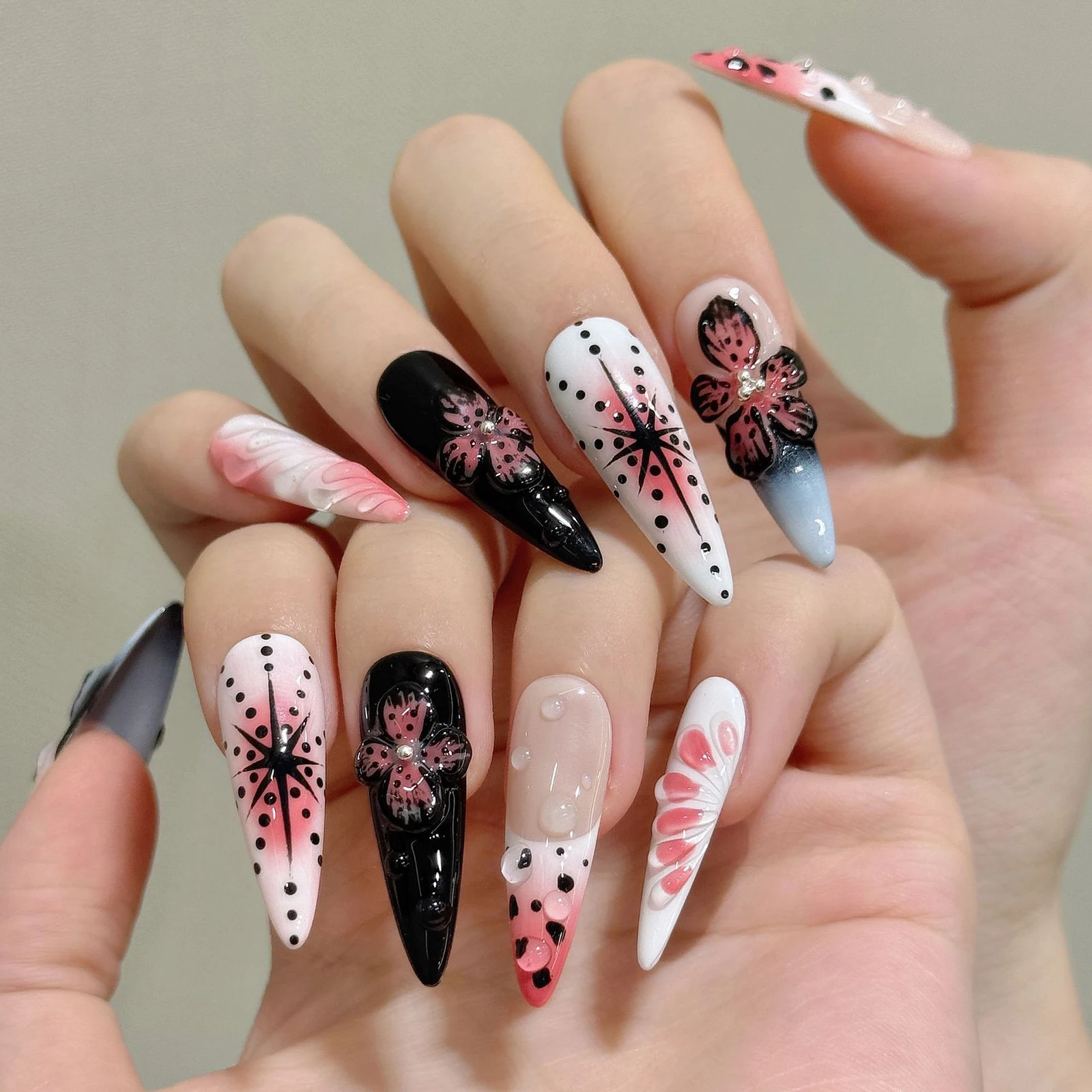 

10 шт. накладных ногтей ручной работы в готическом стиле Diablo, Y2K, для женщин и девушек, с 3D-резьбой и цветочным декором, многоразовые