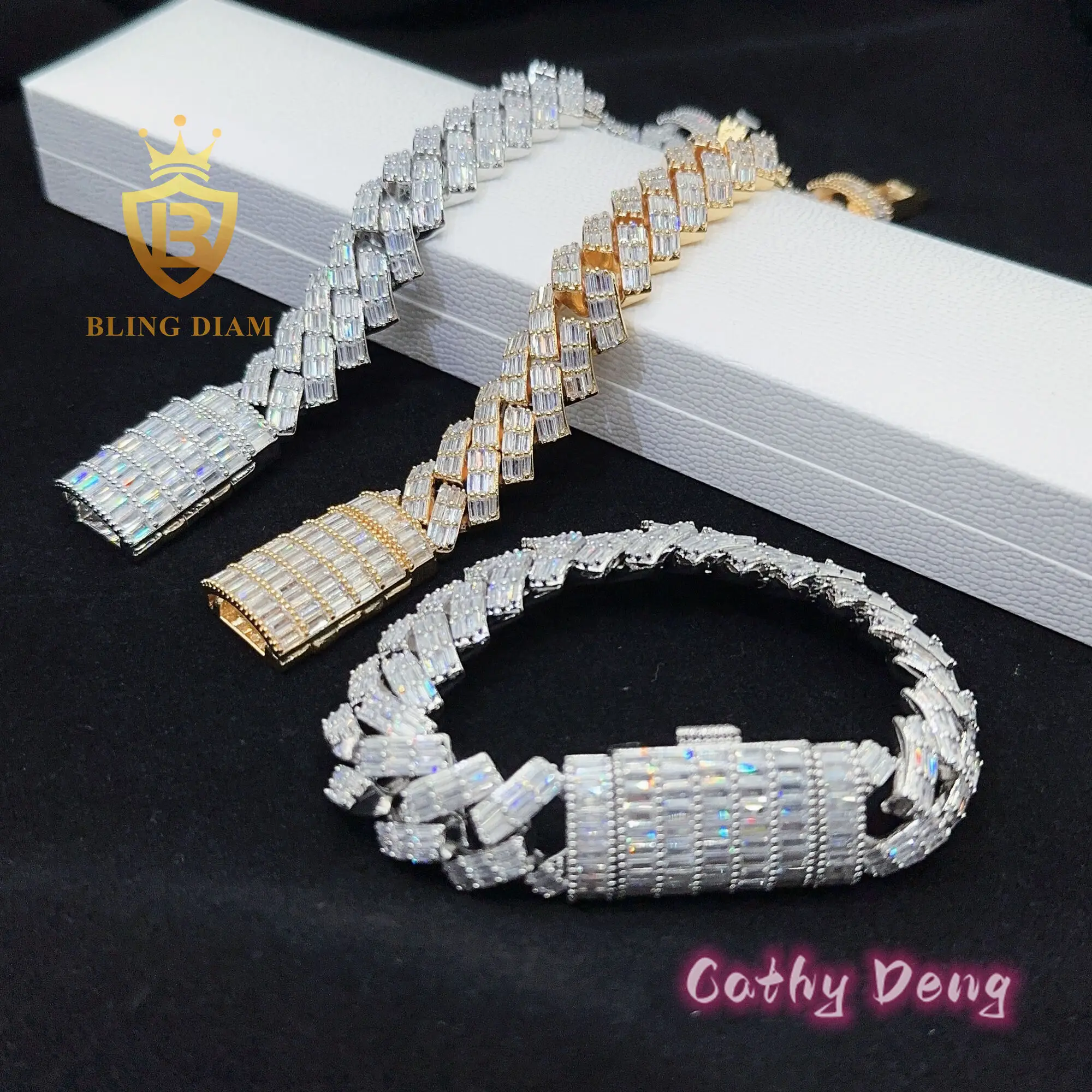 Factory Price Luxury Hip Hop Brass Bracelet Baguette Iced Out Cuban Link Chain 5a+ Zirconia 18mm Miami Chain Bracelet for Men