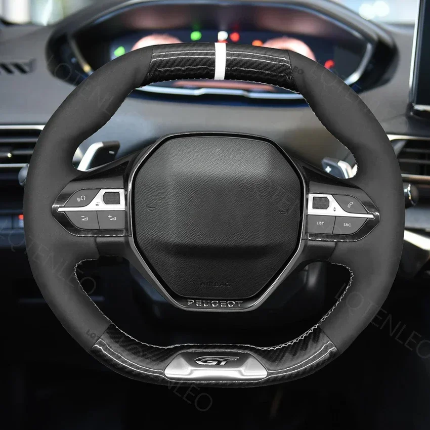 Black Artificial Carbon Suede Car Steering Wheel Cover For Peugeot 208 GT Line 308 SW 2008 3008 508 SW 5008 Rifter 2016-2022