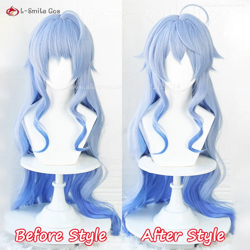 Anime Ganyu Cosplay Wig 90cm Long Blue Gradient Cruly Women Wigs Heat Resistant Synthetic Hair Halloween Party Wig + Wig Cap