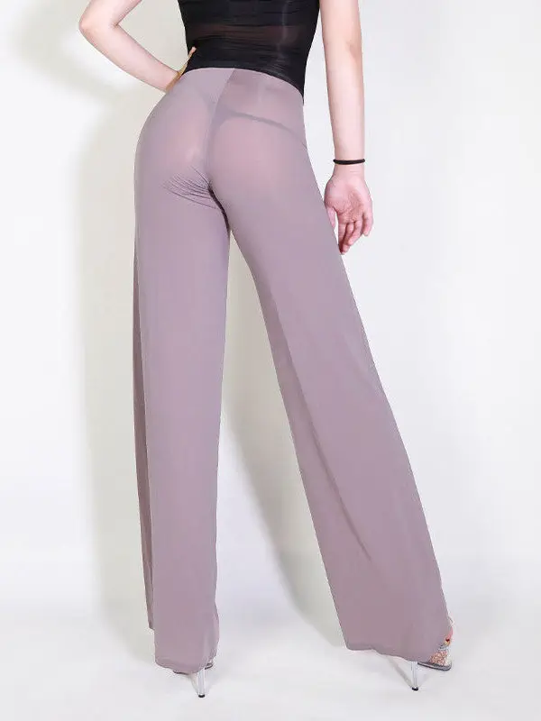 Summer Sexy See Through Pants Women Fitness Sports Wide Leg High Waist Trousers