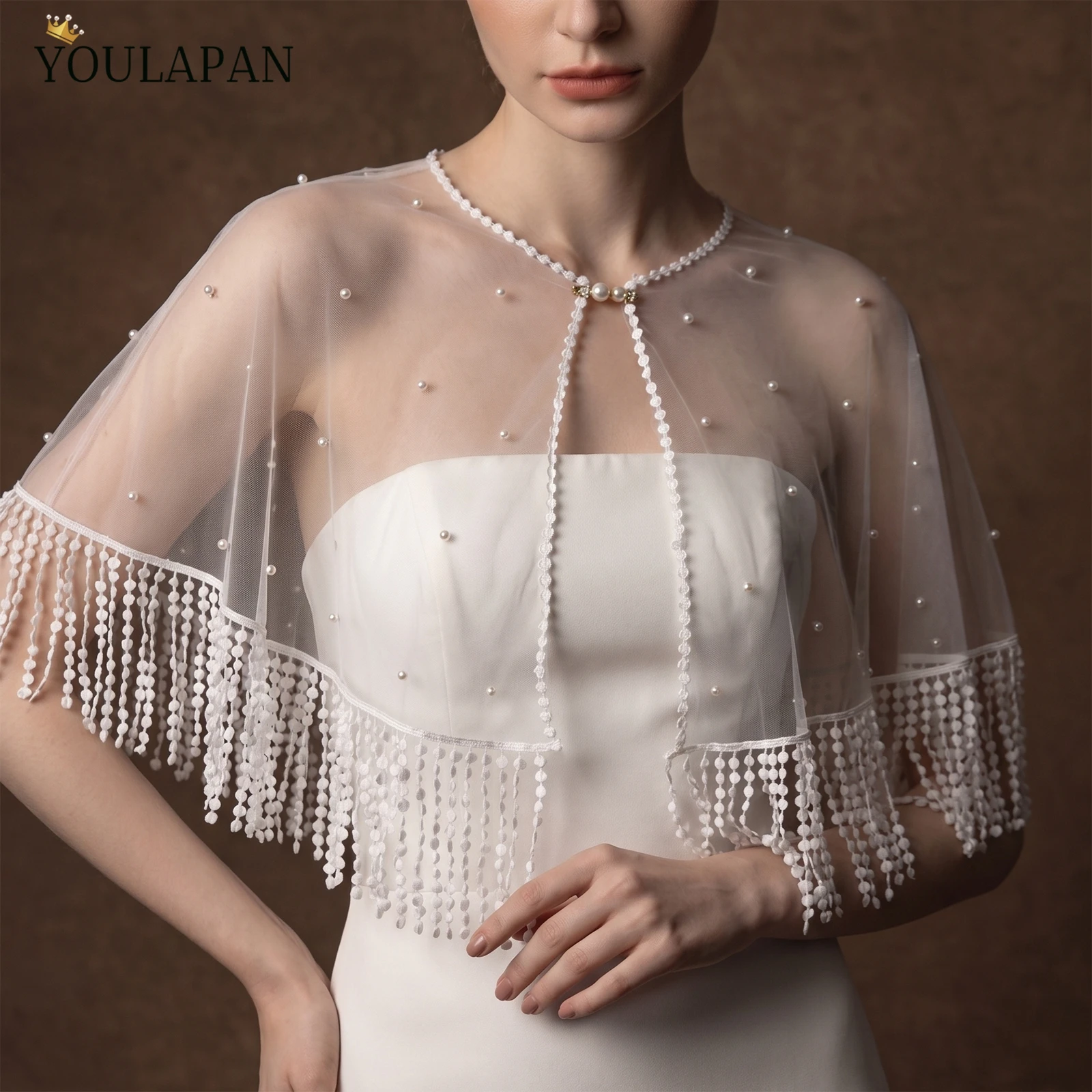 TOPQUEEN Pearl Women'S Short Jacket Fringe Trim BoléRo Femme Mariage Tulle Shawl Transparent Dress Cardigan Bridal Cloak Vg140