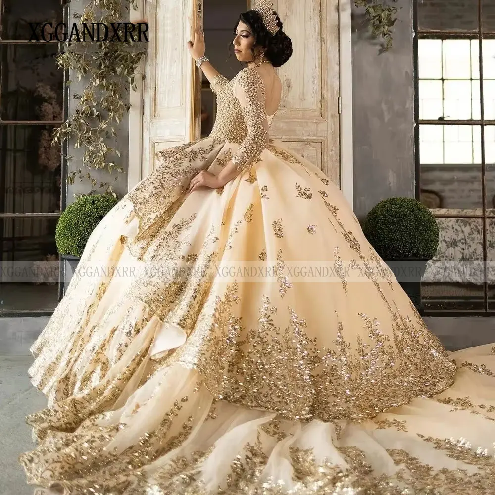 XGGANDXRR-vestido mexicano quinceanera, pérolas douradas, vestido de baile de mangas compridas, vestido doce 16, espartilho em camadas, vestidos de XV anos