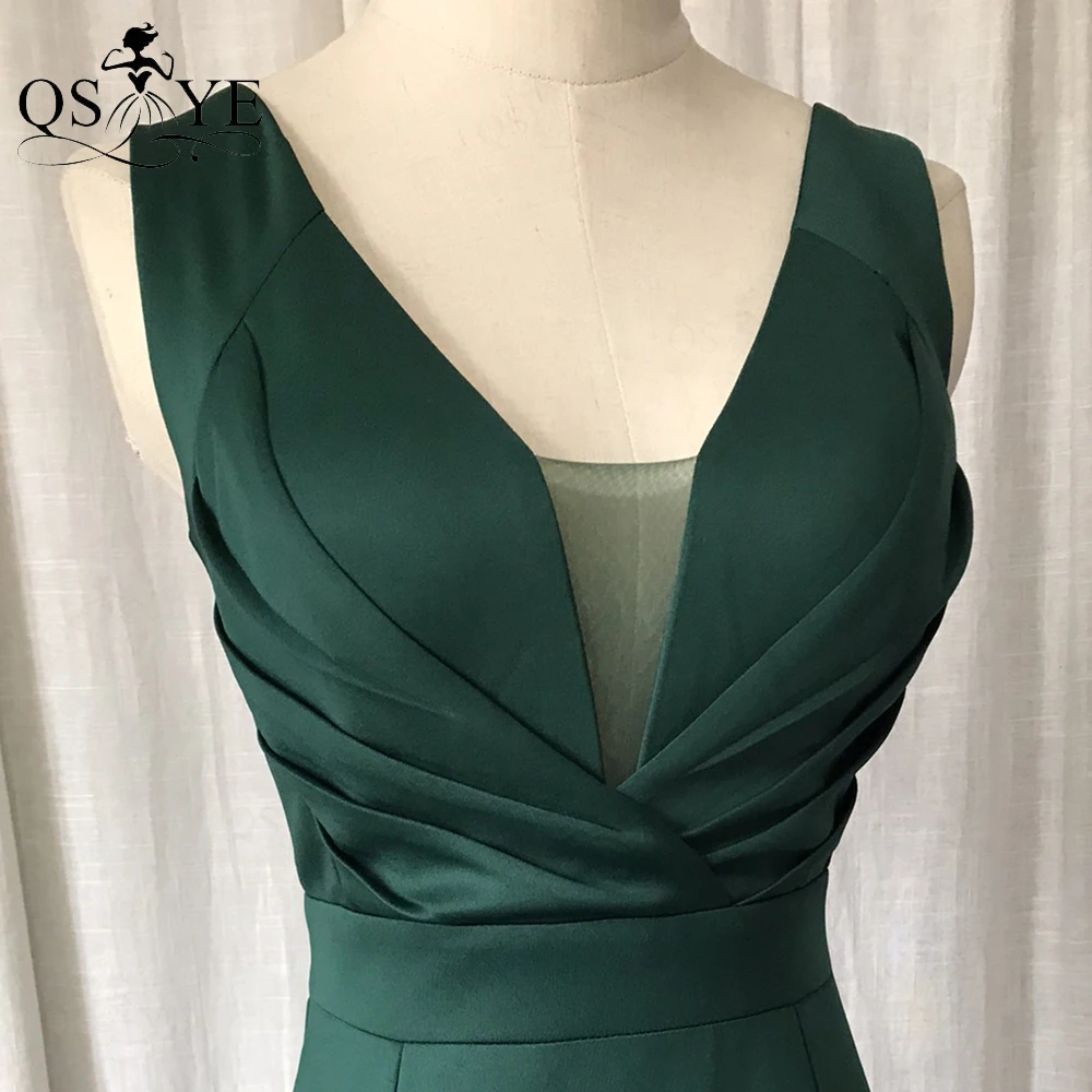 Simple Green Bridesmaid Dresses Elastic Satin Sexy Open Split Formal Evening Gown V Back Ruched Mermaid Emerald Prom Party Dress