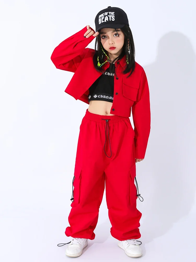 Hiphop Kleding Meisjes Rode Kpop Outfit Lange Mouwen Cargo Broek Jongens Streetdance Kleding Rave Kids Jazz Dance Kostuum