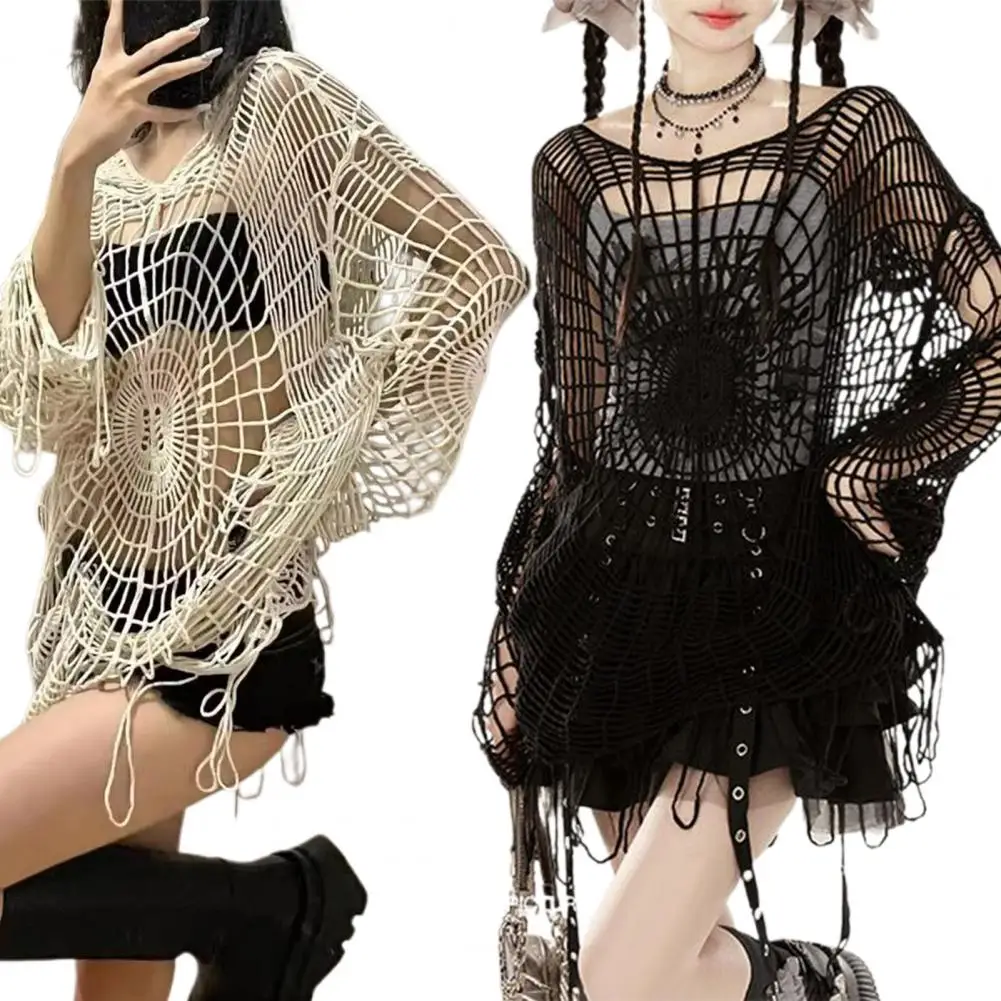 Y2K Hollow Knit Hooded Tops Women Goth Spider Web Spice Girl Mesh Pullovers Female Korean Fashion Fishing Net Sweaters