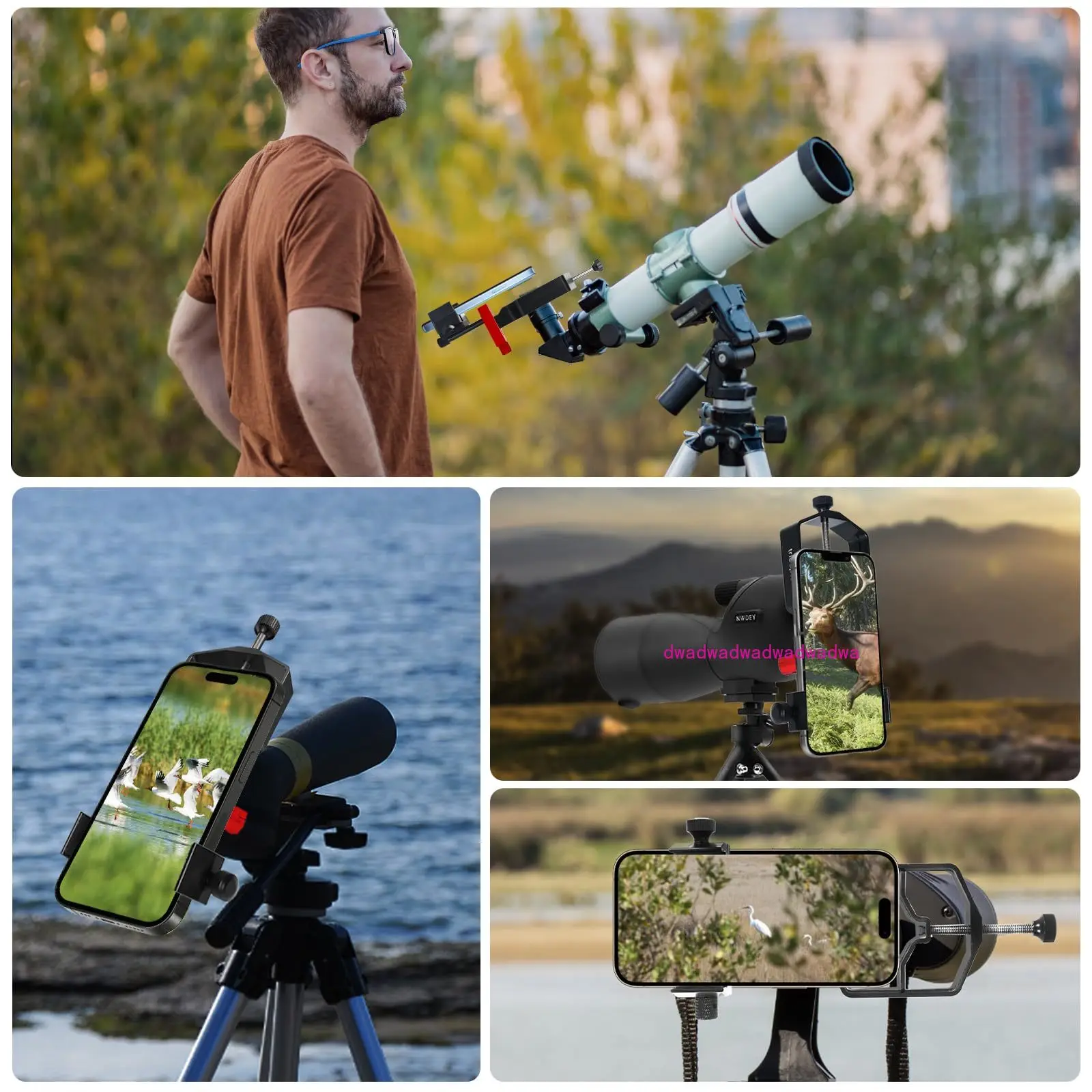 Universal Phone Scope Digiscoping Adapter 3-Axis Metal Phone Holder Mount for Max. 2.4 Inch Eyepiece Telescope for iOS Android