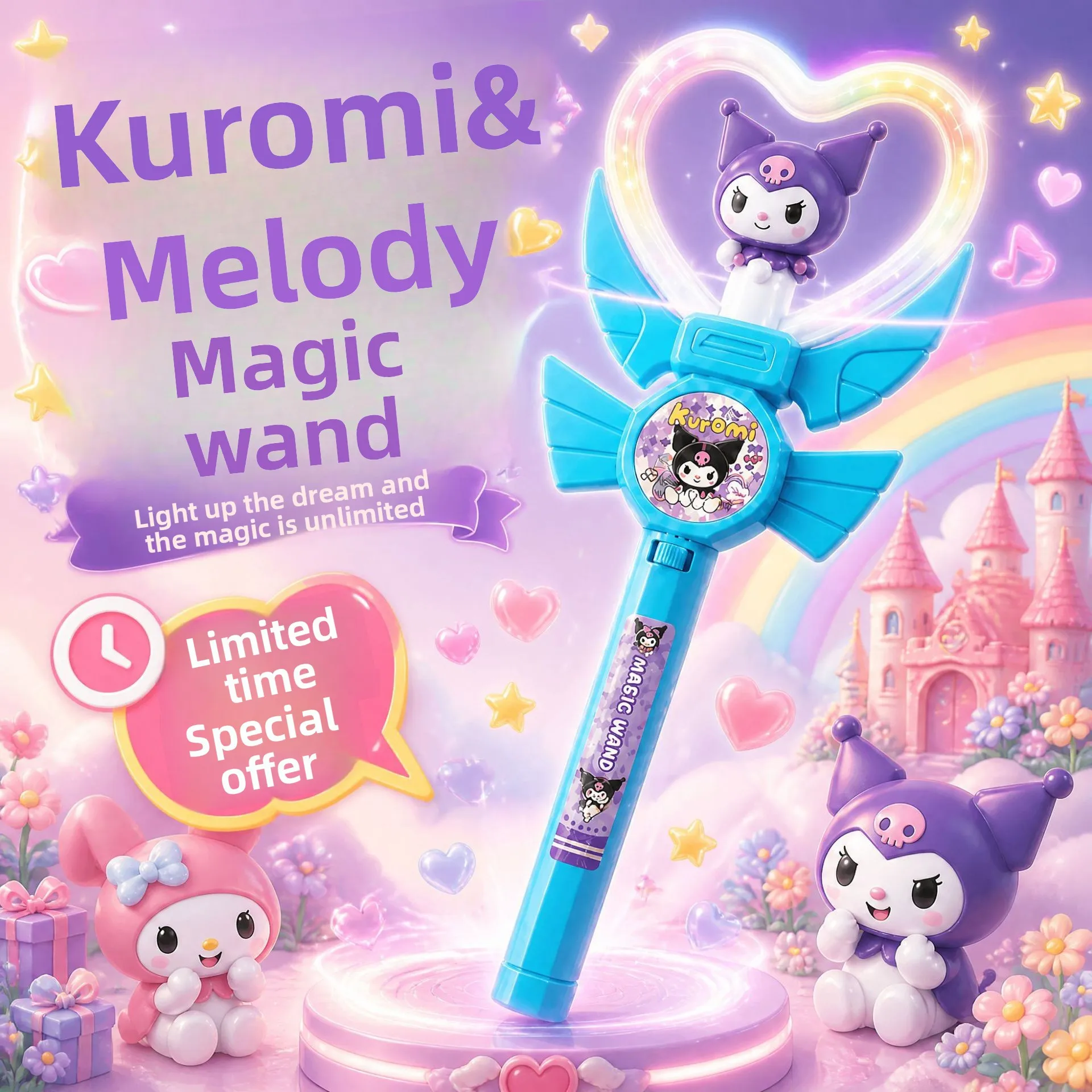 Kids Magic Wand Light Up Musical Rotating Heart Cartoon LED Glow Flashing Toy for Girls Boys Princess Birthday Party Halloween