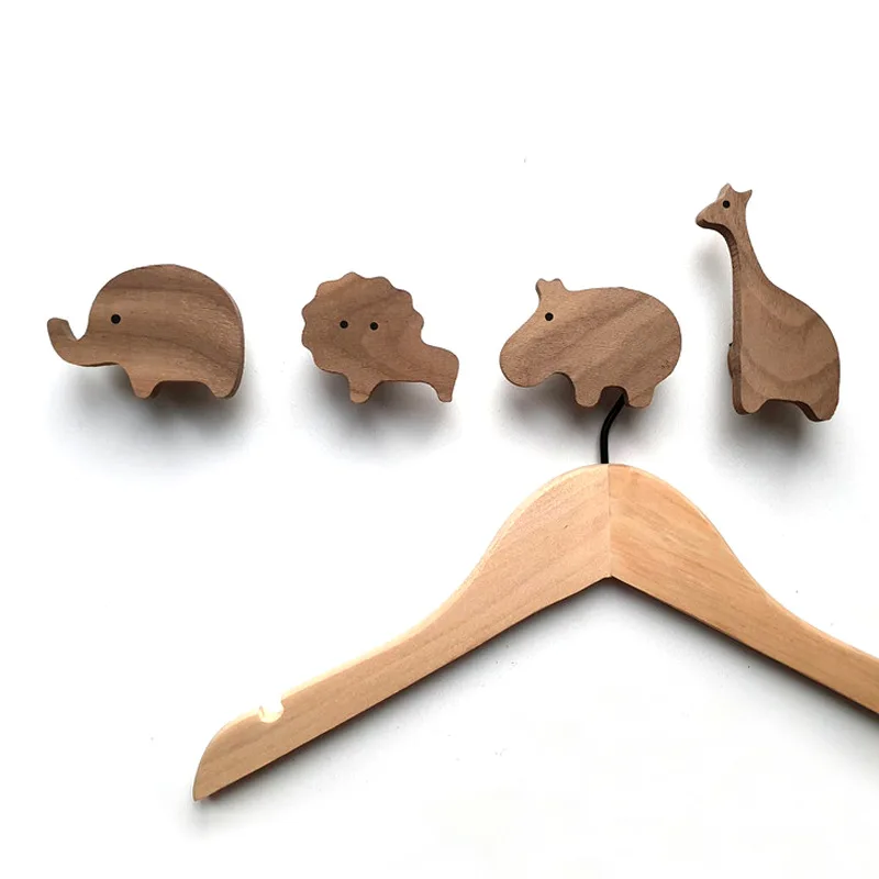 Walnut Oak Solid Wood Coat Hooks Cute Animal Children Room Decoration Wall Hook Key Holder Nordic Hanger Cat Dog Lion 4pcs/pack