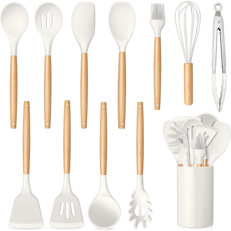 12-teiliges Silikon-Küchenutensilien-Set, antihaftbeschichtetes Silikon-Kochutensilien-Set, hitzebeständiges Kochgeschirr mit Holzgriff JT558
