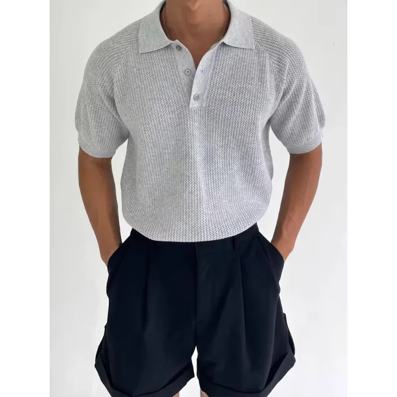 

Mens Clothing Tshirt Cotton Linen Hollow Texture Raglan Sleeve Polo Knit Short Sleeve Summer Top