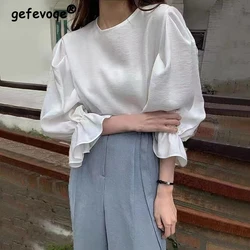 Women Korean Fashion Simple Chic Blouses Vintage White Black Loose Commute Shirts Female Casual O Neck Long Sleeve Loose Tops