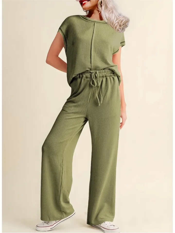

Spring Summer Women's Clothing New Fashion Casual Three Part Sleeve Drawstring Waist Solid Color Commuting Pants Set