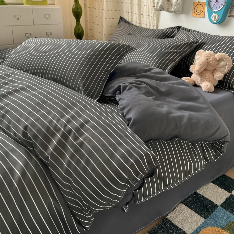 4PCS Grey Striped Bedding Set Modern White Pinstripe Duvet Cover Set with Pillowcases Soft Breathable Bed Linen for All Seasons