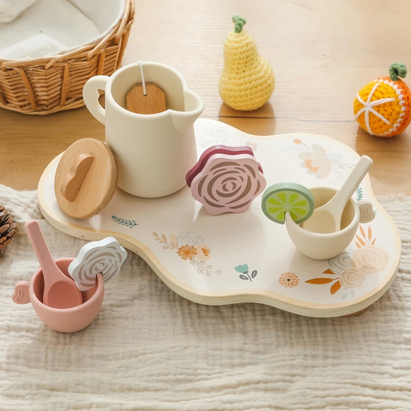 Baby Holz Montessori Spielzeug Silikon Tassen Holz teller Tabletts Dessert Modell spielen Haus Nachmittags tee Set Kinder Puzzle Spielzeug Geschenk – Detail 9