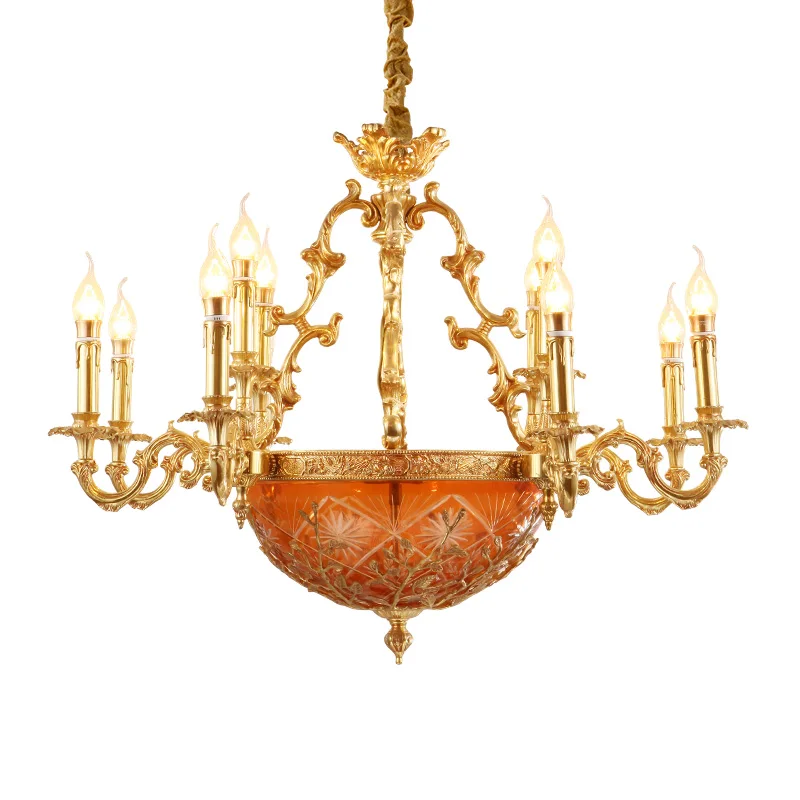 

French Villa Brass Led Candle Pendant Lighting European Living Room Dinning Room Antique Gold Copper Carved Chandeliers