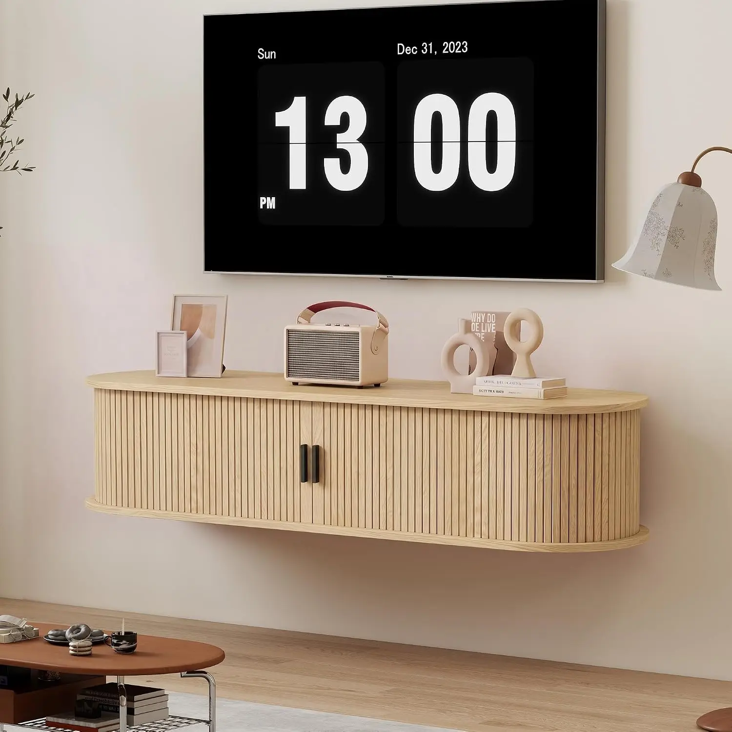 Floating TV Stand Wall Mounted with Sliding Doors & Cable Management Space-Saving Living Room Entertainment Center, Customized