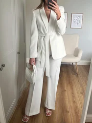 White Shawl Lapel Women Suits with Belt Fashion No Buttons Solid Office Lady Outfits Formal Party Daily Casual Pants Sets 2025
