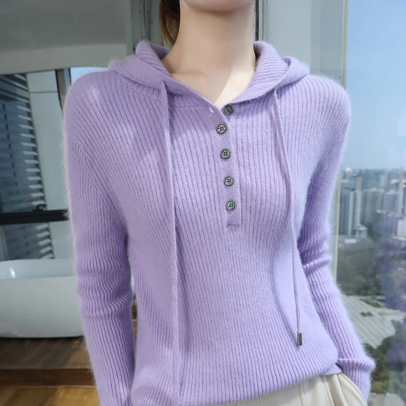 100% Mink Cashmere Hooded Sweater Autumn Winter Fashion Women Long Sleeve Solid Color Knitted Hoodies Lady Loose Drawstring Tops
