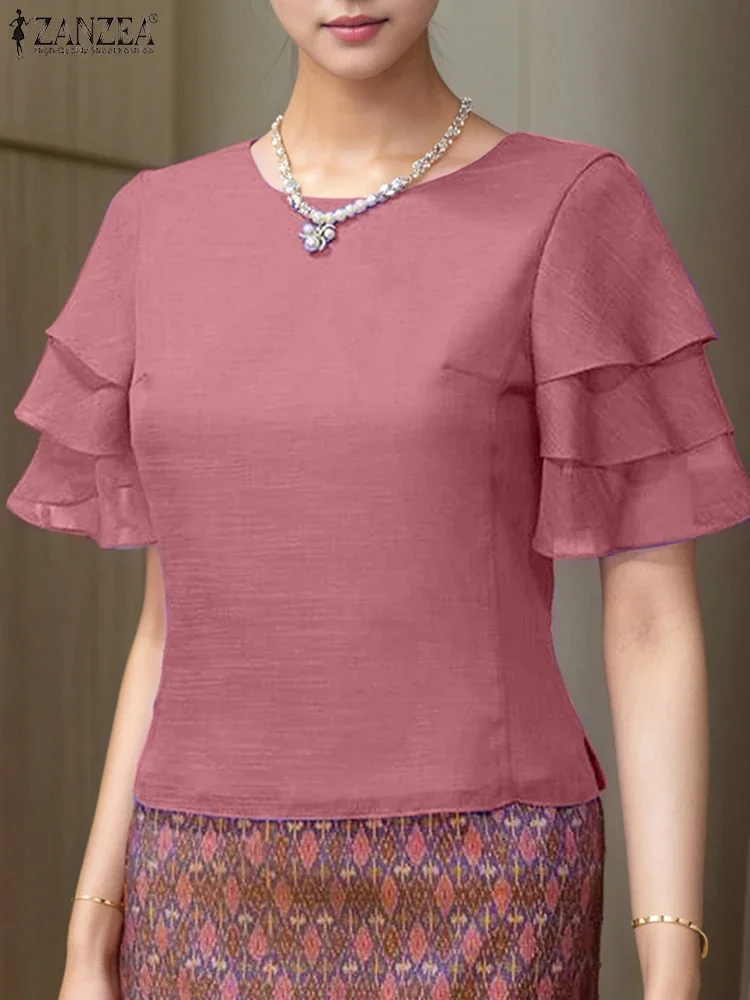 

ZANZEA модная блузка, однотонные женские топы с рюшами, лето 2025 года, с коротким рукавом, OL, рабочая элегантная туника, повседневные свободные пуловеры с круглым вырезом