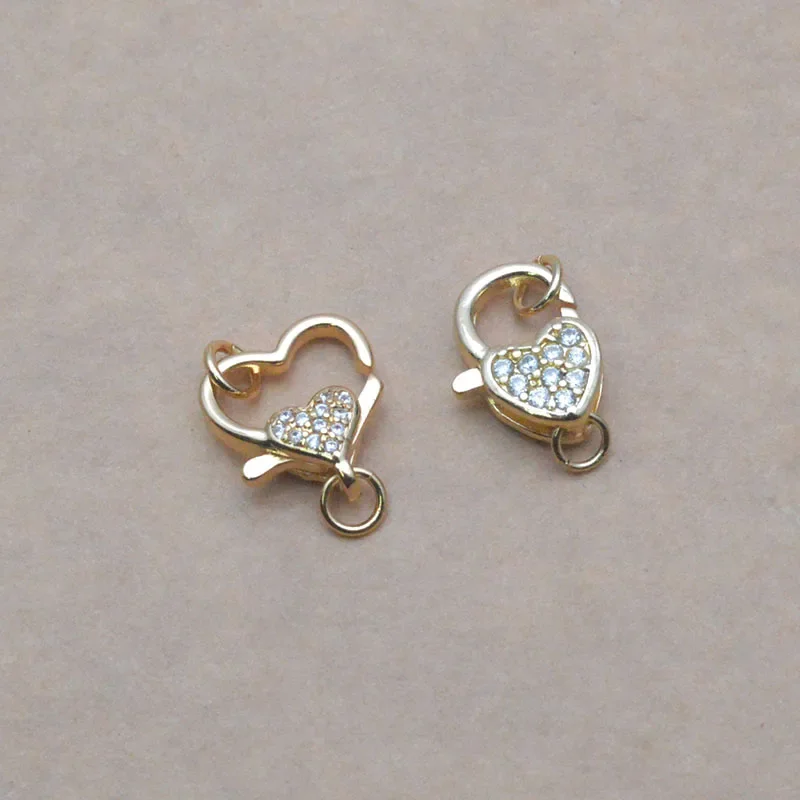 10pcs/lot Fashion 18K Gold Plated CZ Paved Heart Shape Lobster Clasps Fastener Connectors for DIY Jewelry Making Accessories