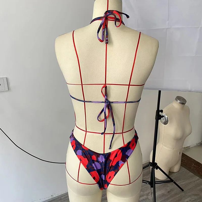 BEACHCICI damskie bikini dwuczęściowe lato seksowny nadruk Halter Neck zasznurować wzór jasny kolor Backless strój kąpielowy na wakacje na plaży