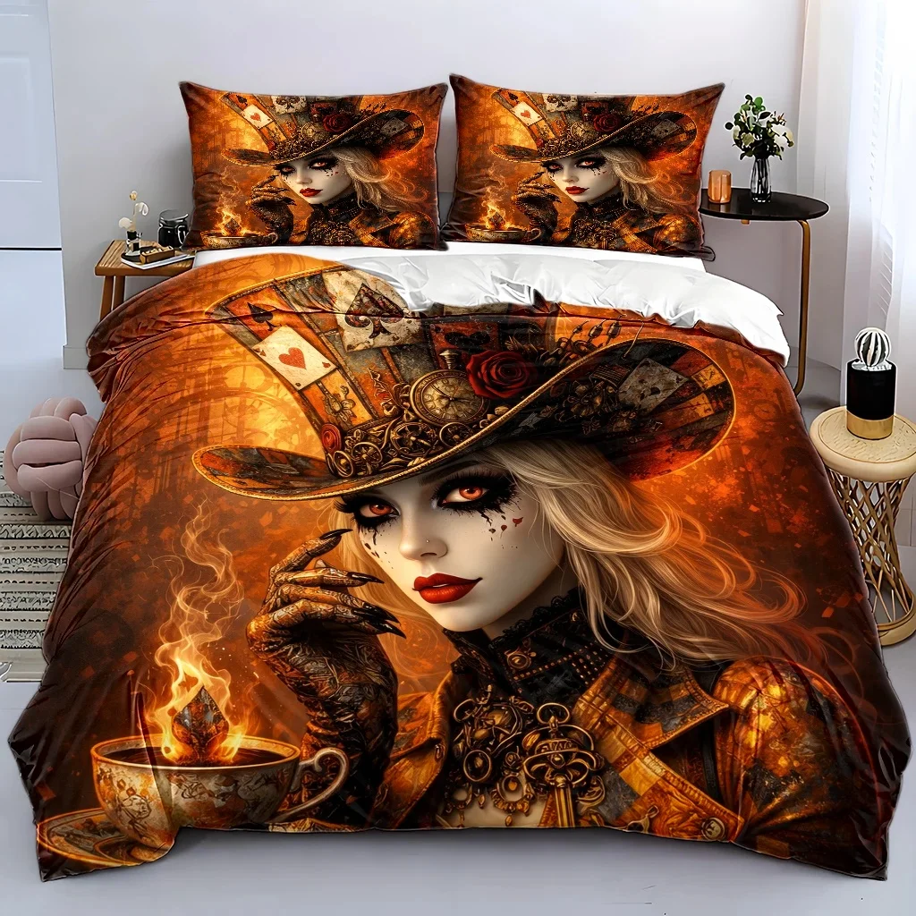 3Pc Steampunk Mad Hatter Theme Duvet Cover Set, Three-Piece Bedding Set (1 Duvet Cover + 2 Pillowcases), Suitable for All Seasons, Machine Washable, Invisible Zipper Double Bed Cover Set, Vintage Poker Rose Gear Print Bedding, Suitable for Home, Dormitory, Master Bedroom, Guest Room, Large Duvet Cover Available, Gothic Style Art Bedding Set, Trendy Steampunk Bedroom Bedding Set, Easy to Clean and Durable Bedding Set