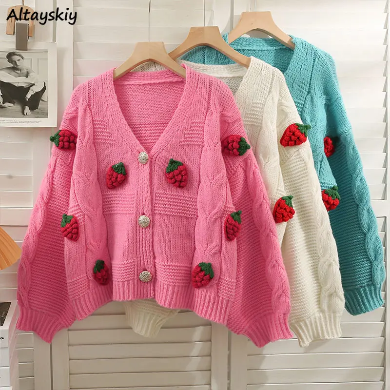 Strawberry Spliced Cardigan Women Knitting All-match Stylish Кардиган Женский Long Sleeve Sweaters Ropa Mujer Elegant Ulzzang