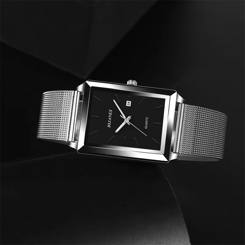 2023 Fashion Men\'s Watches for Men Rectangle Stainless Steel Mesh Belt Quartz Wrist Watch Man Casual Leather Watch reloj hombre