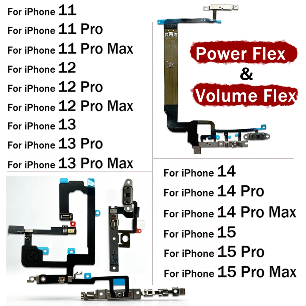 Power Volume Buttons Key Switch Flashlight Flex Cable Metal Material For iPhone 11 12 13 14 15 Pro Max Plus Replacement Parts