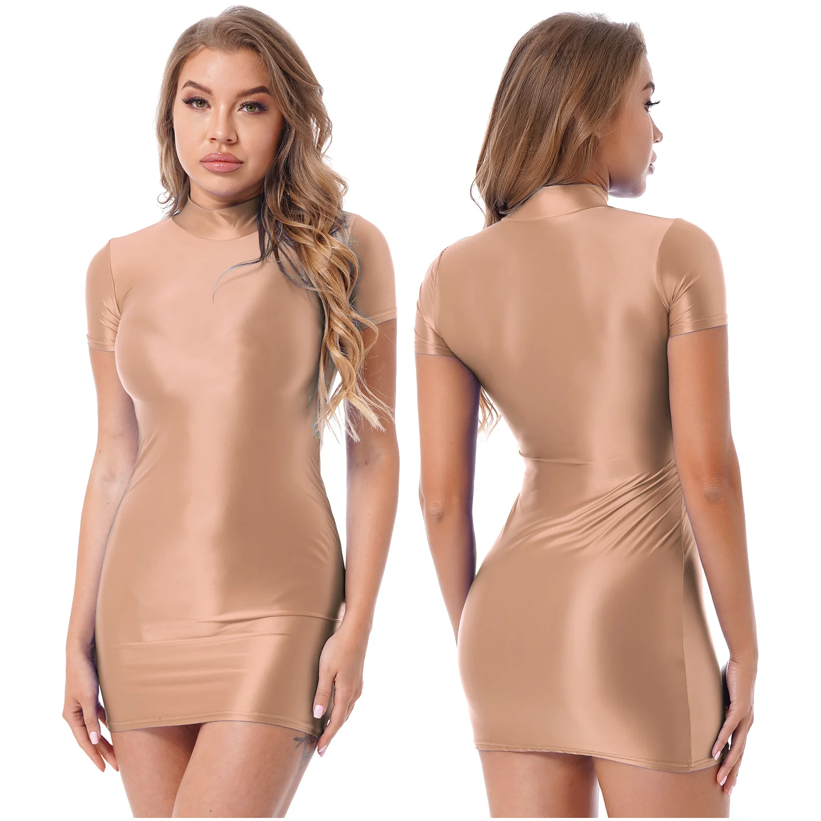 

Womens Glossy Bodycon Dress Fashion Short Sleeve Mock Neck Mini Pencil Dresses Stretchy Tight Sexy Party Pole Dancing Clubwear